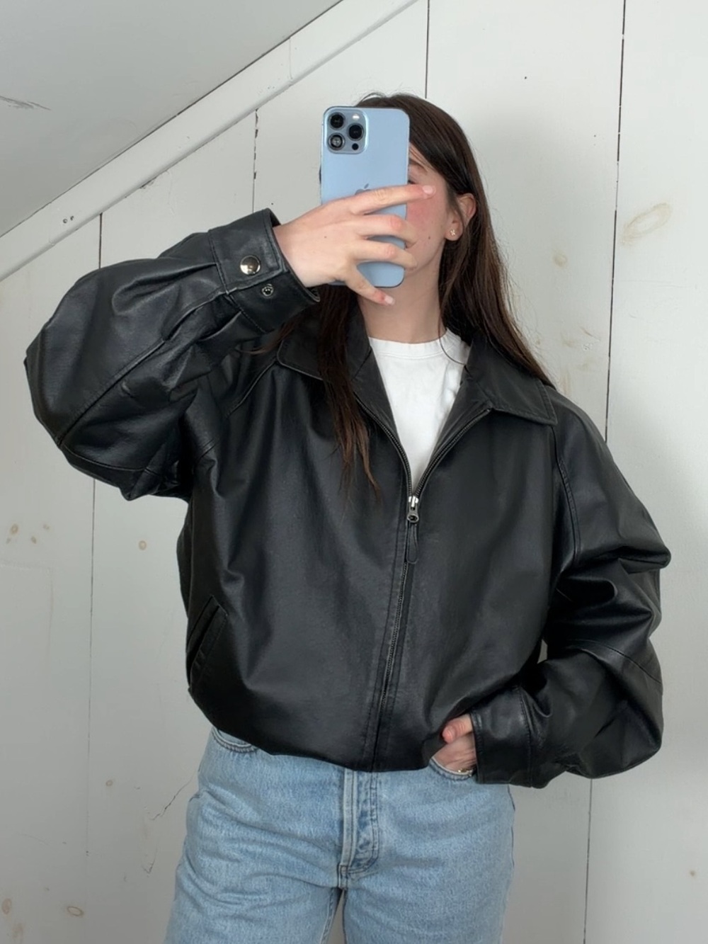 Vintage St. John’s Bay Black Genuine Leather Full Zip Bomber Jacket Men’s L‎ Y2K